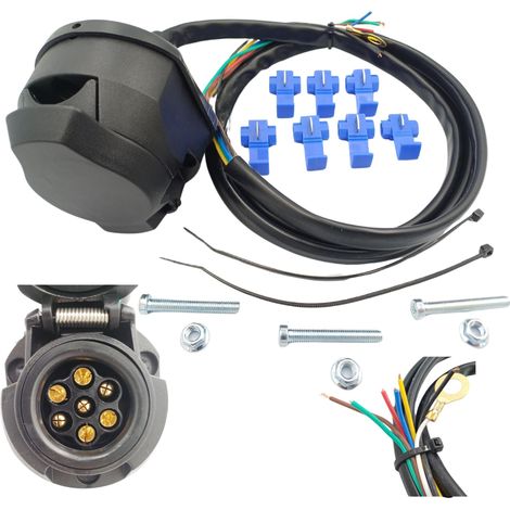 Arnés de cableado para remolque de 7 pines - Toma de remolque con cable de 1,5 m y kit de montaje para camión, coche y caravana