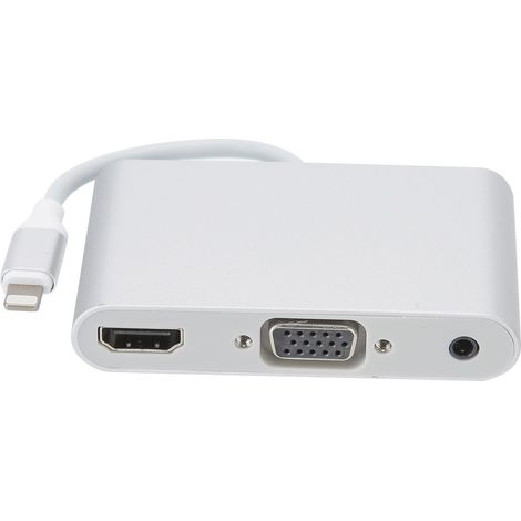 Adapter aus Aluminiumlegierung für iOS-Systemschnittstelle auf HDMI+VGA+3,5 mm, silberfarben. (1/5)