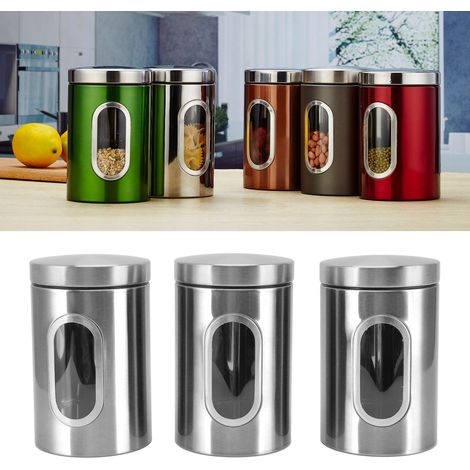 Boîtes de rangement de cuisine en acier inoxydable de style nordique pour les céréales, les aliments, le thé, le café et autres produits ménagers. Ensemble de trois pièces en acier inoxydable. (1/5)