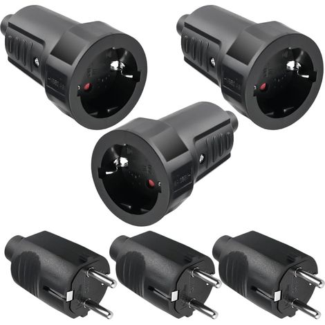 3 Paar Schuko-Stecker – 250 V – 16 A – Schutzart IP44 – Gummi – Verdrehsicherung – 2-polig – Wasserdicht für den Außenbereich – Schwarz – Schuko-Stecker und -Anschluss (1/5)