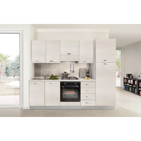 Germanvox Cucina Moderna Completa, 255 cm Rovere Bianco Elettrodomestici Inclusi (FRIGO A DESTRA)