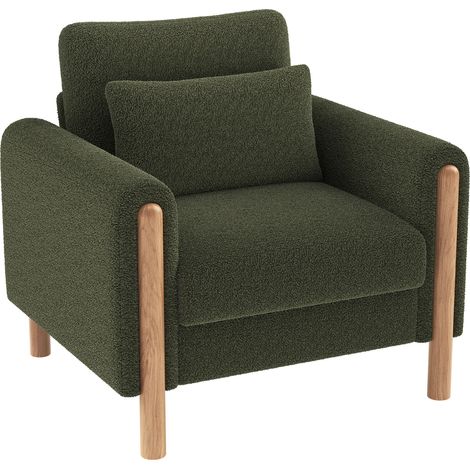 Sillón individual moderno verde con cojín grueso, tapizado Teddy y patas de madera (1/5)