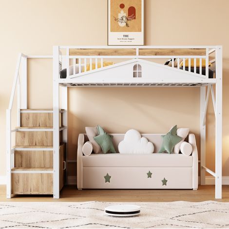 Letto a soppalco 140x200 cm bianco metallo e legno con scala contenitore (1/5)