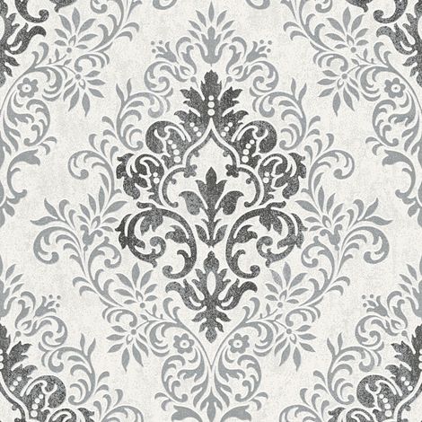 A.S. Creations – Papier peint baroque gris et blanc – Tapisserie vintage 10,05 x 0,53 m – Pour salon et chambre – Papier peint intissé damassé (1/6)