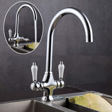Chrome Kitchen Mixer Taps Double White Ceramic Handles and 360 Degree Swivel Spout Easy to Operate Solid Brass Monobloc Kitchen Sink Tap, 2 Hot & Cold Flexible Hoses Easy to Install (1/5)