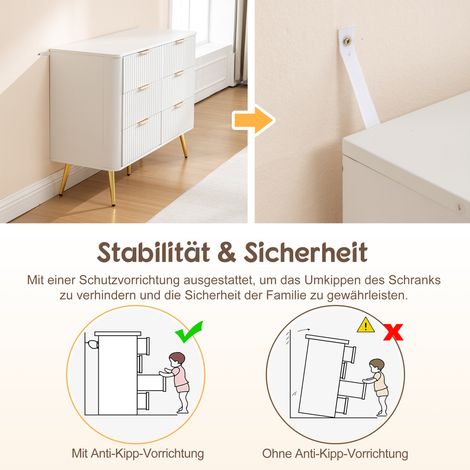 Commode 6 tiroirs, meuble de rangement blanc moderne avec poignées métalliques et glissières à fermeture douce, robuste en MDF pour chambre, salon ou couloir – dispositif anti-bascule, pieds surélevés (1/5)
