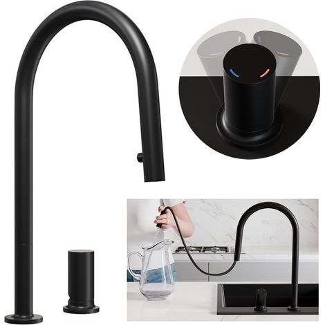 PRIMAGRAN Robinet de cuisine 9050, Robinet d'évier rotation 360°, Robinet haute pression, avec deux types de jet, avec bec rétractable, Noir (1/5)