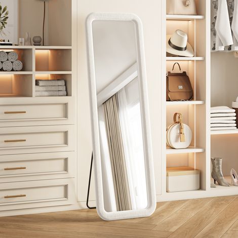 Miroir sur Pied 160x50 cm rectangulaire à coins arrondis, cadre en flanelle douce, miroir mural ou au sol pour chambre, salon, dressing - Blanc (1/5)