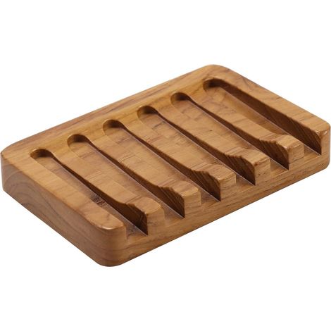 Support Savon en Teck - Design Incliné avec Évacuation Naturelle de l'Eau - Pour Salle de Bain Douche Cuisine Lavabo Plan de Travail - 1 Pièce