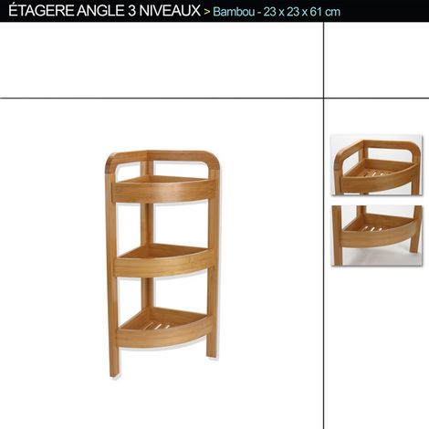 Pegane – Etagère d'angle 3 niveaux en bambou 61x23x23 cm – Finition vernis nitrocellulosique – Charge maximale 2 kg – Pour espaces confinés