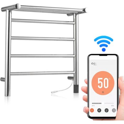 Chauffe-serviettes électrique, 4 rails, avec minuterie sur le dessus, montage mural, température réglable, chauffage rapide, en acier inoxydable pour salle de bain (argenté) (1/4)