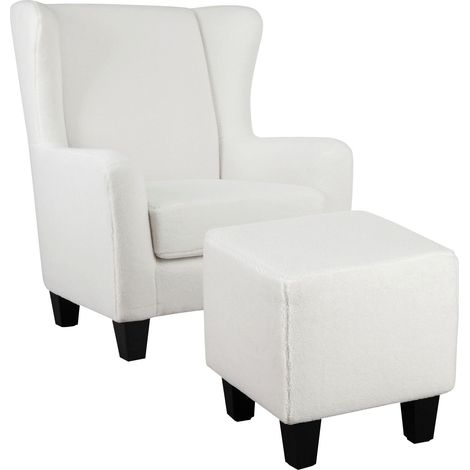 Zhili-Fauteuil + Tabouret en tissu blanc cassé