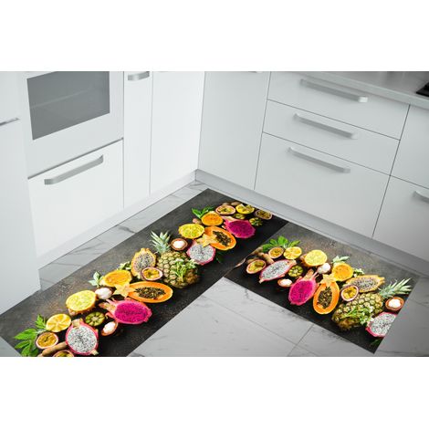 Set di 2 tappeti da cucina antiscivolo e lavabili in lavatrice passatoia multiuso Frutta Esotica - 50x80+50x160