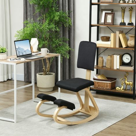 Siège assis genoux, tabouret ergonomique en bois à bascule avec dossier, chaise à genoux pour bureau à domicile, noir (1/5)