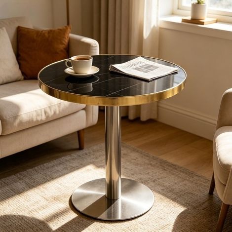 Beistelltisch rund Marmoroptik mit Goldrahmen MDF Schwarz OKMYHOME (1/5)