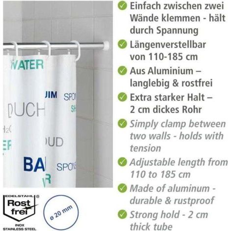 QORVA-Tringle rideau de douche télescopique, Barre de douche extensible, fixation sans perçage par torsion, aluminium inoxydable - embout en caoutchouc, Ø 20 mm x 110 - 185 cm, brillant
