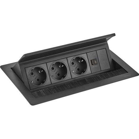 EVOline FlipTop Push M Steckdosenleiste, Einbausteckdose Tischsteckdose USB-Ladegerät, Push-Funktion, Metall Kunststoff schwarz, 3 Schuko 2 USB, Einbautiefe 68 mm