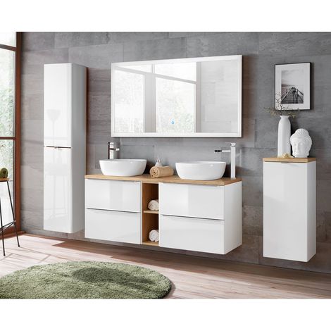 Badmöbel Komplett-Set weiß Hochglanz mit Doppel-Waschtisch TOSKANA-56 inkl. LED-Touch-Spiegel, BxHxT ca. 250/190/46cm (1/5)