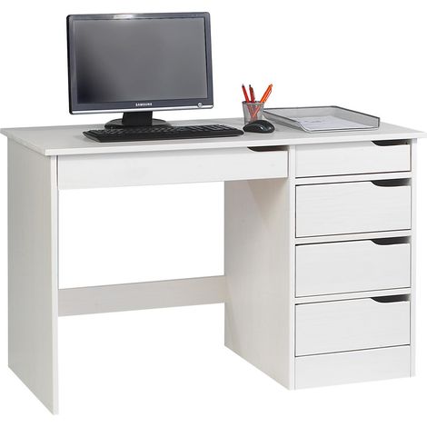 Idimex – Bureau droit en pin massif lasuré blanc – 5 tiroirs avec ouvertures biseautées – Dimensions 76 x 114 x 54 cm (H x L x P)