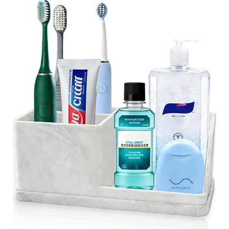 Porte-brosse à dents en silicone pour salle de bain, brosse à dents électrique et dentifrice, 4 emplacements, accessoires pour comptoir de salle de bain, douche, coiffeuse – Blanc marbre (1/5)