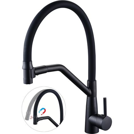 Kitchen electroplated sink faucet, single pipe, hot and cold water dual-use pull-out household sink rotating all-copper faucet - Little Goddess black magnetic version [stainless steel]