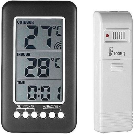 Thermomètre interieur exterieur sans fil avec horloge Numérique station meteo sans fil avec capteur extérieur, black friday 2020 Moniteur de Température Affichage LCD intelligent ° C / ° F (1/4)