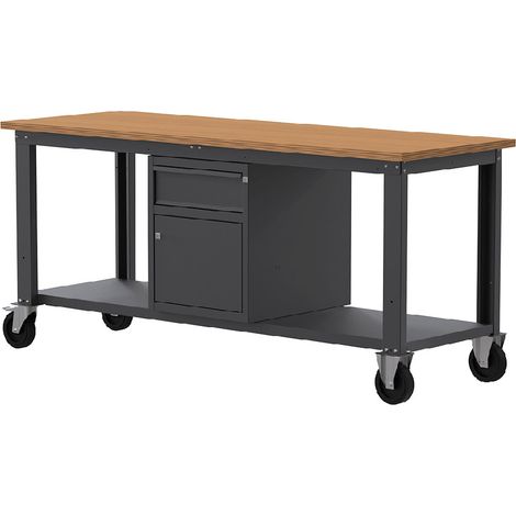 Banco lavoro con ruote SOGI X3N115LR - 2 m - piano in legno - armadio con anta e cassetto (1/4)