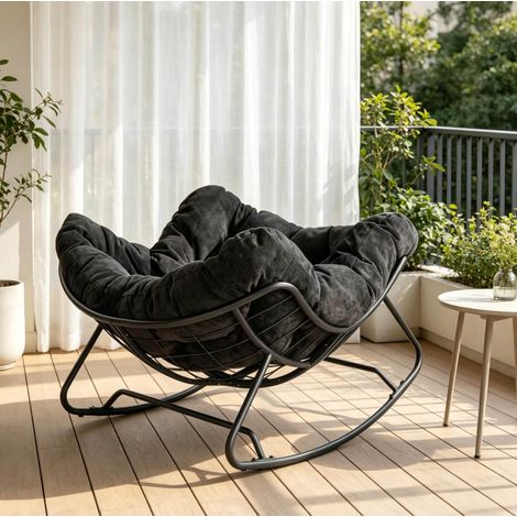 Fauteuil à bascule 91x102,5x77 cm noir – assise enveloppante en chenille et structure métal MEUBLIV (1/5)