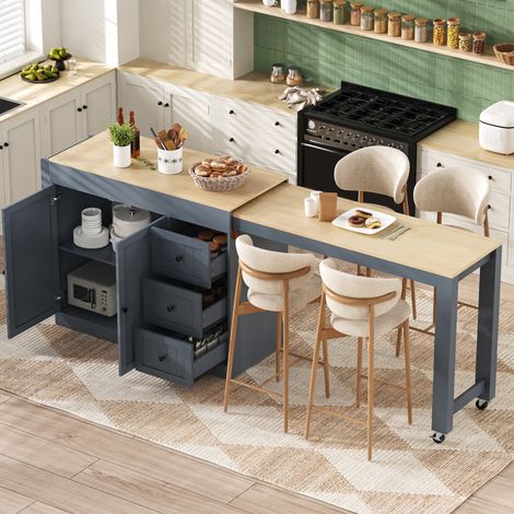 MEUBLIV Îlot de cuisine mobile gris avec plateau extensible, rangement et 3 tiroirs (1/5)