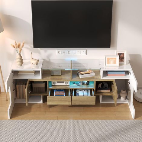 Meuble tv moderne 145 cm blanc brillant avec éclairage led et surface en verre élégante (1/5)