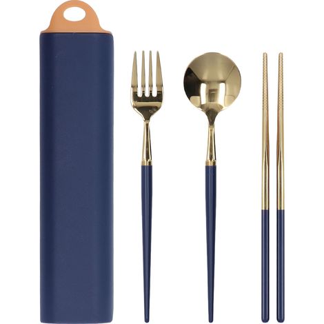 Ensemble de couverts en acier inoxydable portable pour étudiants, boîte de rangement bleu marine et or, ustensiles de voyage