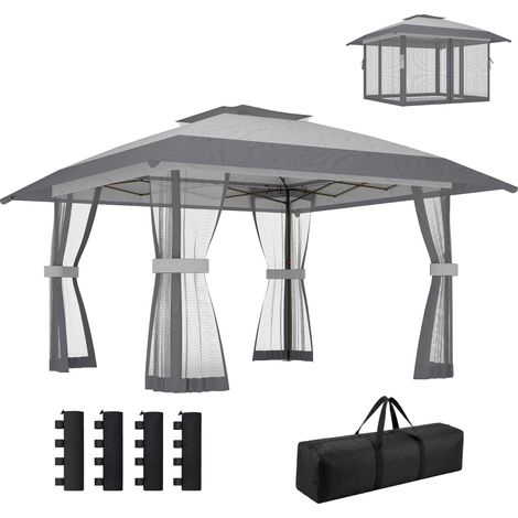 Tente pliante 4x4m à double toit, 4 parois en filet, hauteur réglable, sac de transport, protection UPF30+, grise