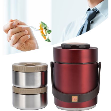 Boîte à lunch isotherme grande capacité en acier inoxydable 304 pour étudiants, adultes et employés de bureau récipient isotherme sous vide rouge. (1/5)