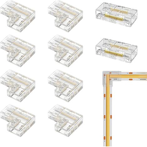 10 Pièces Connecteurs pour Ruban, Rallonge Connecteur Ruban COB LED 2 Broches Connecteur D'angle Sans Soudure 8mm Transparent Gapless Kit Type L/Angle pour Raccord Sans Soudure de Rubans LED (1/5)