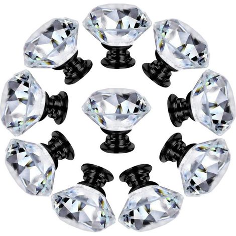 Lot de 10 poignées de porte en verre cristal transparent effet diamant pour meubles, tiroirs et placards. (1/5)
