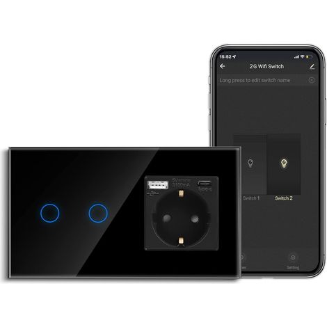 Interrupteur tactile intelligent avec prise USB Schuko, avec port USB et type C (max. 3,1 A), interrupteur Wi-Fi pour, contact de protection, prise murale encastrée (1/5)