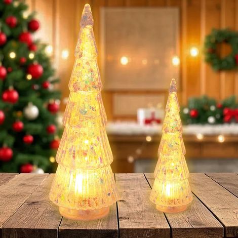 Lot de 2 mini sapin de Noël avec éclairage - En acrylique - Lumière chaude LED - 23 cm/15 cm - Fonctionne avec piles - Pour fêtes de famille, rebords de fenêtre, salon, décoration de table (1/5)
