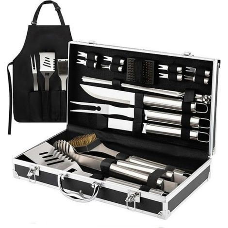 Ensemble de 21 accessoires de barbecue argentés, ustensiles robustes en acier inoxydable.-AquaForge (1/5)