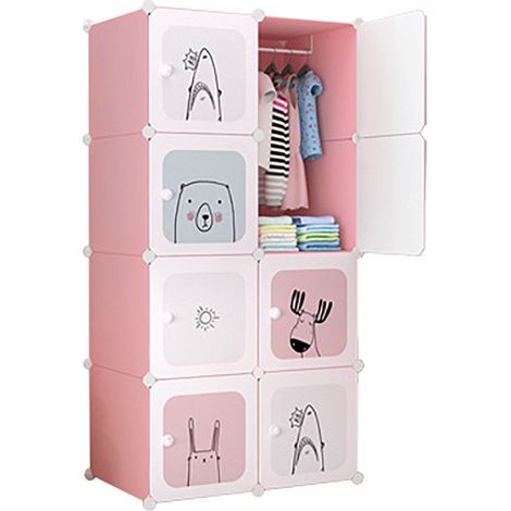 DIY Armoire Penderie pour Enfants,Étagère de Rangement en Plastique Meuble de Rangement Portable, 12 cubes, ROSE,111x47x147CM (1/5)
