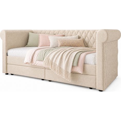 Lit banquette convertible 90x200 cm avec 2 tiroirs de rangement, tête de lit vintage, tissu beige, structure bois, métal et MDF, pour chambre ou petit salon CHICFURN (1/5)
