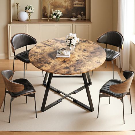 Table à Manger Ronde, 120 cm Table à Manger Bois pour Cuisine, Salle à Manger, pour 4 Personnes, Étage de Rangement, Cadre Métallique, Marron Rustique (1/5)