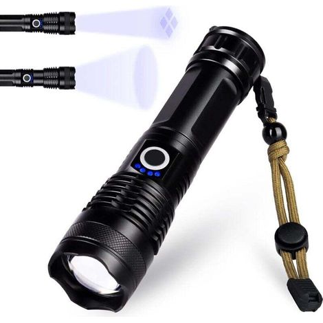 Linterna LED extremadamente potente, recargable mediante USB Tipo-C, XHP50 ajustable, con zoom, resistente al agua, ideal para acampar, hacer senderismo y situaciones de emergencia. (1/4)