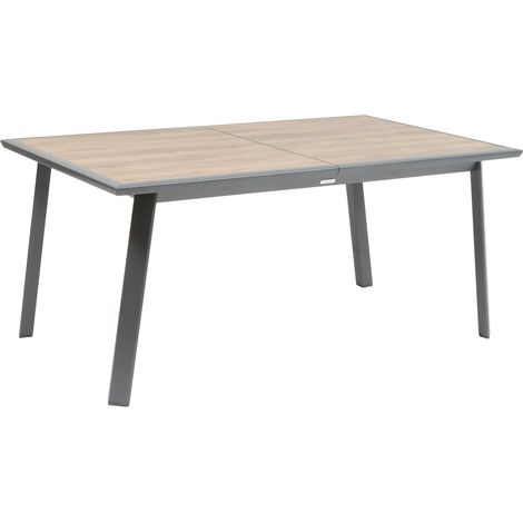 Hesperide – Table de jardin extensible 10 places en aluminium époxy – Plateau en verre effet bois – Pieds ajustables pour sol irrégulier (1/5)