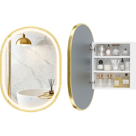 Armoire murale salle de bain miroir LED porte ovale anti-buée 50x14,5x70cm doré