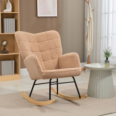 Fauteuil à bascule marron en tissu effet peau de mouton, fauteuil rocking chair avec accoudoirs, dossier rembourré, structure acier et bois, charge max 120 kg (1/5)