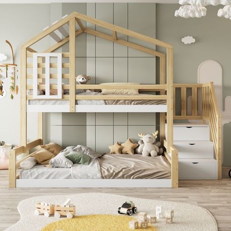 Lit superposé maisonnette 90x200 (haut) & 140x200 (bas) en pin naturel, escalier rangement, barrière sécurité - sans matelas