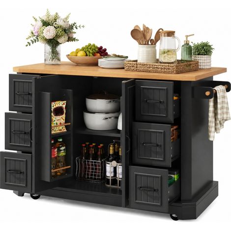 CHICFURN Isla de cocina móvil 120 x 45 x 91 cm en MDF y metal negro con almacenaje (1/5)