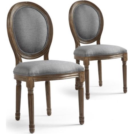 Cotecosy – Lot de 2 chaises médaillon Louis XVI en tissu gris clair – Structure en bois cérusé – Dimensions L49 x P46 x H96 cm – Hauteur d'assise H46 cm (1/5)