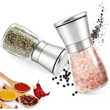 2 Moulins à Poivre/Épices Acier Inox 180 ml - Meule Céramique Réglable, Manuel, Maison/Cuisine (Paire) (1/5)