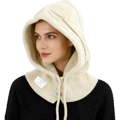 Damen Kapuzenschal 2-in-1 Thermo Strickmütze Nackenwärmer Winddicht Weiß (1/5)
